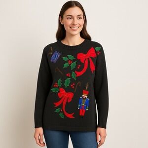 Vintage Lisa Int'l Christmas Nutcracker Holly Ugly Sweater Women's S Hong Kong‎